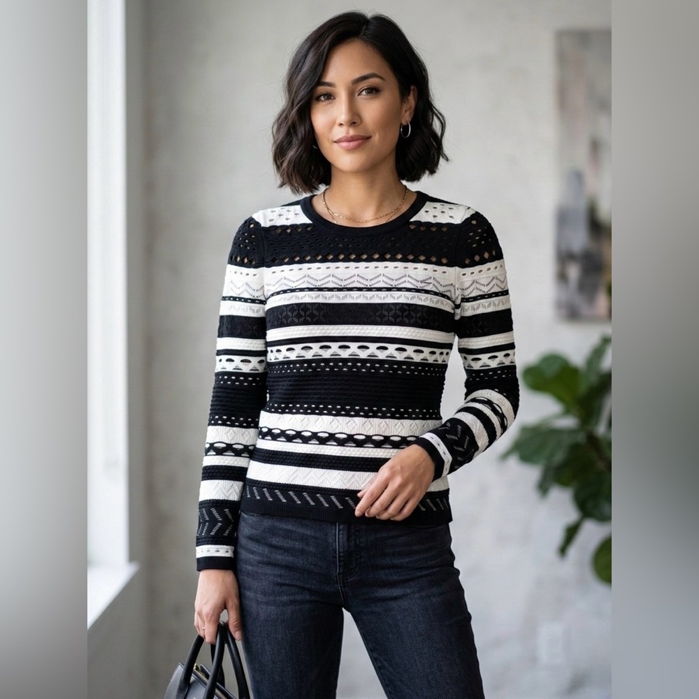 Millie Black & White Geometric Pointelle Knit Long Sleeve Sweater - Size S